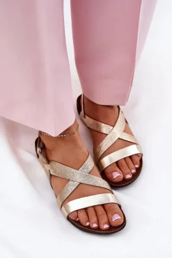 Płaskie Skórzane Sandały Damskie Zazoo 40032 Złote