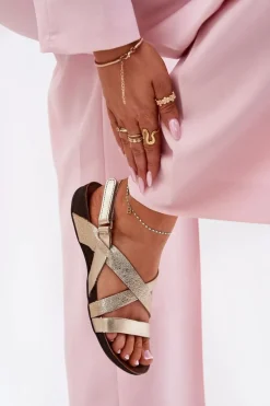 Płaskie Skórzane Sandały Damskie Zazoo 40032 Złote