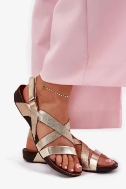 Płaskie Skórzane Sandały Damskie Zazoo 40032 Złote