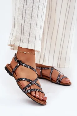 Płaskie Skórzane Sandały Damskie Maciejka 06635-05 Czarne