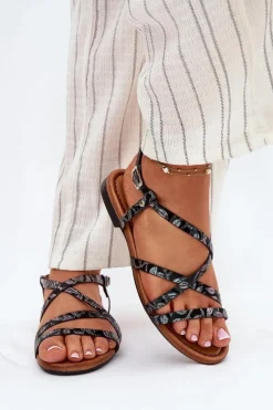 Płaskie Skórzane Sandały Damskie Maciejka 06635-05 Czarne