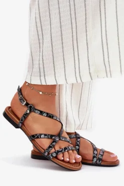 Płaskie Skórzane Sandały Damskie Maciejka 06635-05 Czarne