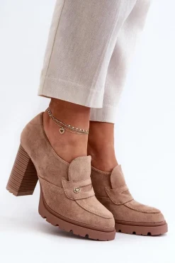 Półbuty Damskie Eko Zamszowe Na Słupku Beżowe Larmaves