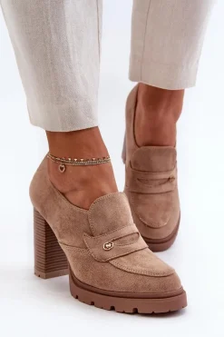 Półbuty Damskie Eko Zamszowe Na Słupku Beżowe Larmaves