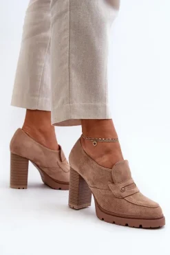 Półbuty Damskie Eko Zamszowe Na Słupku Beżowe Larmaves