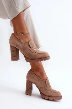 Półbuty Damskie Eko Zamszowe Na Słupku Beżowe Larmaves