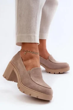 Półbuty Damskie Eko Zamszowe Na Obcasie i Platformie Beżowe Arablosa