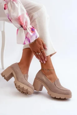 Półbuty Damskie Eko Zamszowe Na Obcasie i Platformie Beżowe Arablosa