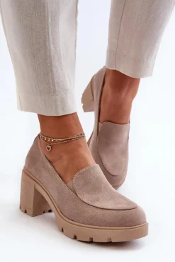 Półbuty Damskie Eko Zamszowe Na Obcasie i Platformie Beżowe Arablosa