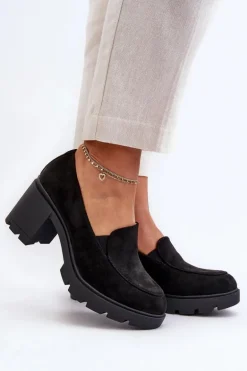 Półbuty Damskie Eko Zamszowe Na Obcasie i Platformie Czarne Arablosa