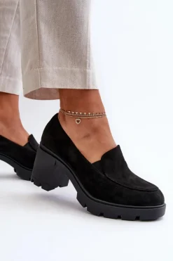 Półbuty Damskie Eko Zamszowe Na Obcasie i Platformie Czarne Arablosa