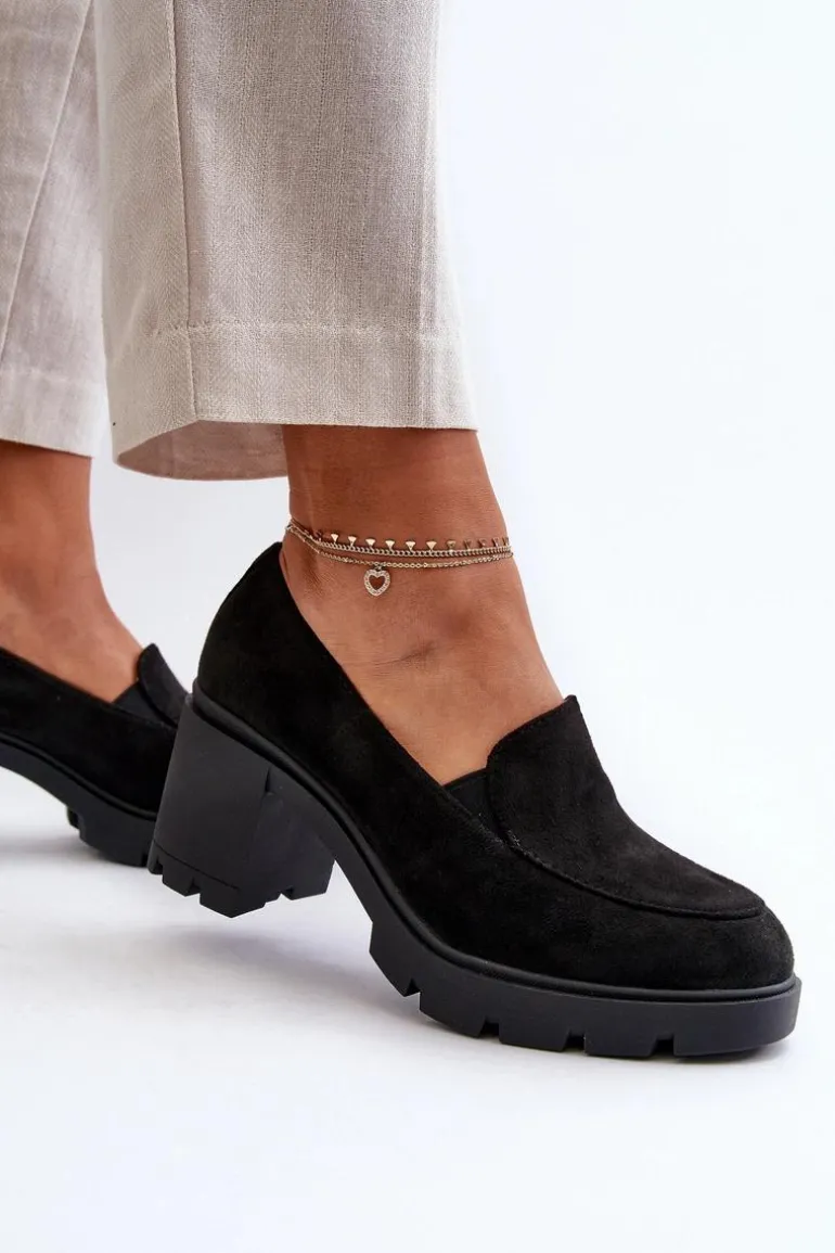 Półbuty Damskie Eko Zamszowe Na Obcasie i Platformie Czarne Arablosa