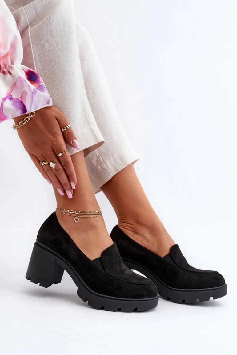 Półbuty Damskie Eko Zamszowe Na Obcasie i Platformie Czarne Arablosa