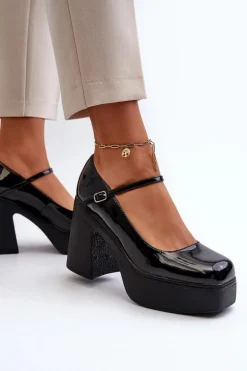 Półbuty Damskie Lakierowane Na Platformie I Słupku Big Star NN274004 Czarne
