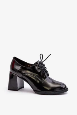 Półbuty Damskie Lakierowane Na Słupku Czarne Nelione