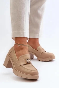 Półbuty Damskie Na Masywnym Obcasie Z Ozdobą Beżowe Ranunca