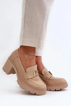 Półbuty Damskie Na Masywnym Obcasie Z Ozdobą Beżowe Ranunca