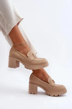 Półbuty Damskie Na Masywnym Obcasie Z Ozdobą Beżowe Ranunca