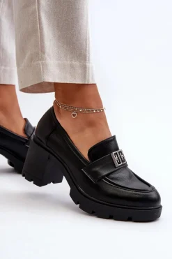 Półbuty Damskie Na Masywnym Obcasie Z Ozdobą Czarne Ranunca