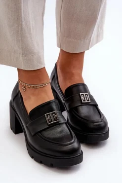 Półbuty Damskie Na Masywnym Obcasie Z Ozdobą Czarne Ranunca