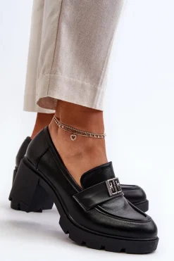 Półbuty Damskie Na Masywnym Obcasie Z Ozdobą Czarne Ranunca