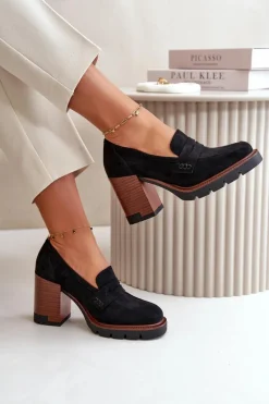 Półbuty Damskie Na Obcasie Słupku Z Eko Zamszu Czarne Vinceza 58105