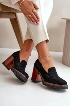 Półbuty Damskie Na Obcasie Słupku Z Eko Zamszu Czarne Vinceza 58105