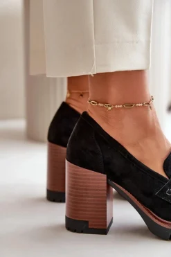 Półbuty Damskie Na Obcasie Słupku Z Eko Zamszu Czarne Vinceza 58105