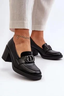 Półbuty Damskie Na Obcasie Z Ozdobą Czarne Nedarea