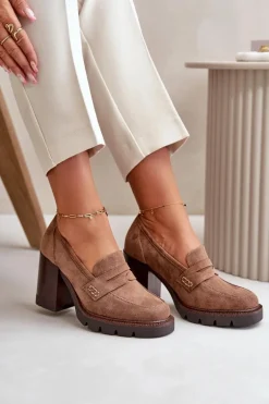 Półbuty Damskie Na Obcasie Słupku Z Eko Zamszu Brązowe Vinceza 58105