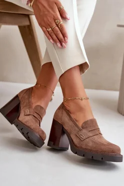 Półbuty Damskie Na Obcasie Słupku Z Eko Zamszu Brązowe Vinceza 58105