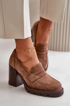 Półbuty Damskie Na Obcasie Słupku Z Eko Zamszu Brązowe Vinceza 58105