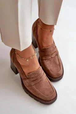 Półbuty Damskie Na Obcasie Słupku Z Eko Zamszu Brązowe Vinceza 58105