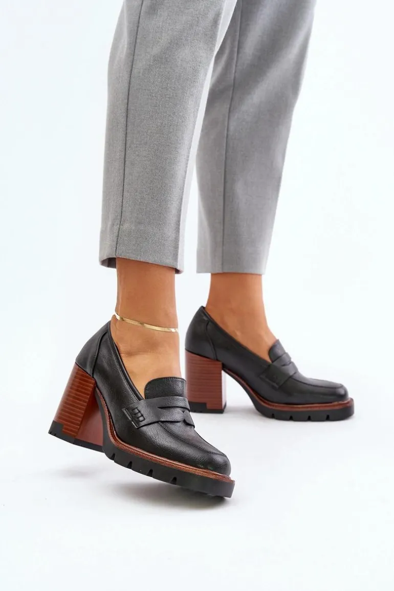 Półbuty Damskie Na Obcasie Słupku Z Eko Skóry Czarne Vinceza 58105