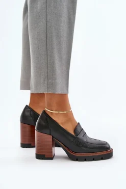 Półbuty Damskie Na Obcasie Słupku Z Eko Skóry Czarne Vinceza 58105