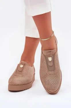 Półbuty Damskie Na Platformie Z Eko Zamszu Ciemnobeżowe Aviara