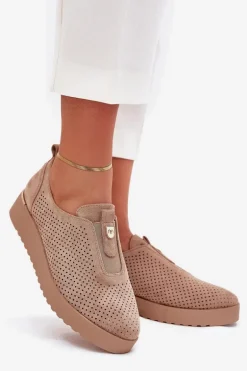 Półbuty Damskie Na Platformie Z Eko Zamszu Ciemnobeżowe Aviara
