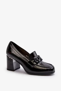 Półbuty Damskie Na Słupku Lakierowane Czarne D&A MR38-973