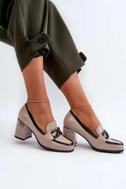 Półbuty Damskie Na Słupku Lakierowane Beżowe D&A MR38-973