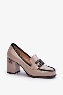 Półbuty Damskie Na Słupku Lakierowane Beżowe D&A MR38-973