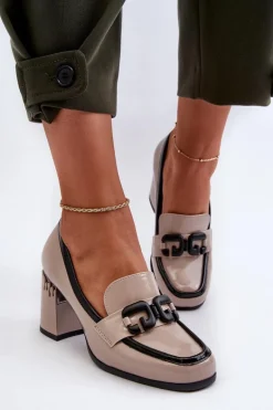 Półbuty Damskie Na Słupku Lakierowane Beżowe D&A MR38-973