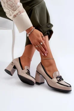 Półbuty Damskie Na Słupku Lakierowane Beżowe D&A MR38-973