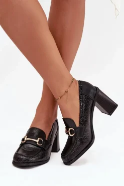 Półbuty Damskie Na Słupku Z Tłoczeniem I Złotym Detalem Czarne Novella