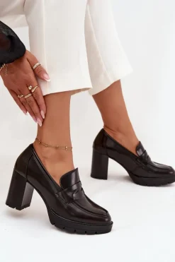 Półbuty Damskie Na Słupku Z Eko Skóry Czekoladowe Ilyssia