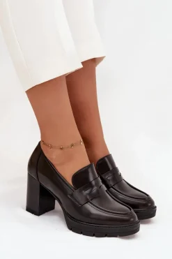 Półbuty Damskie Na Słupku Z Eko Skóry Czekoladowe Ilyssia