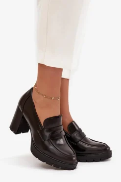 Półbuty Damskie Na Słupku Z Eko Skóry Czekoladowe Ilyssia