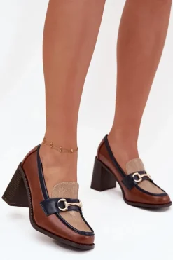 Półbuty Damskie Na Słupku Z Tłoczeniem I Złotym Detalem Beżowo-Brązowe Novella