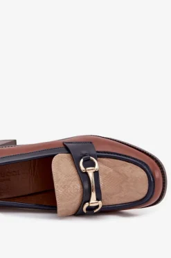 Półbuty Damskie Na Słupku Z Tłoczeniem I Złotym Detalem Beżowo-Brązowe Novella