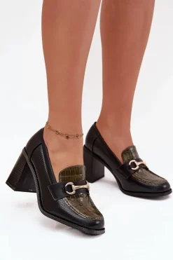 Półbuty Damskie Na Słupku Z Tłoczeniem I Złotym Detalem Zielono-Czarne Novella