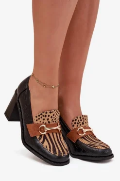 Półbuty Damskie Na Słupku Z Tłoczeniem I Złotym Detalem Czarno-Beżowe Novella